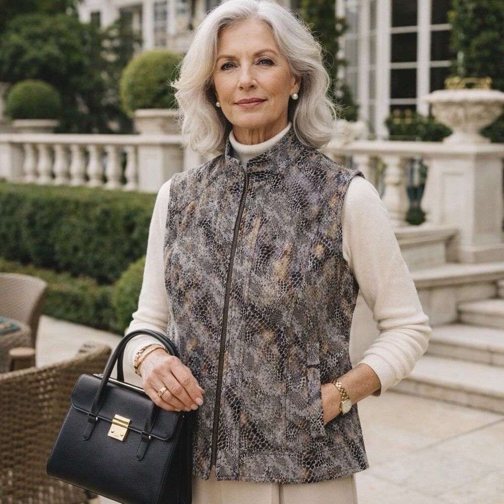 Christopher & Banks Women's XL Animal Print Vest Zip Up Front Old Money